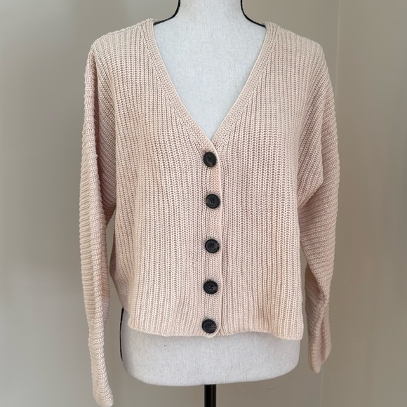 American Eagle Cardigan Sweater Ribbed Shaker Tan Button Oversized Slouchy XS - Picture 1 of 6